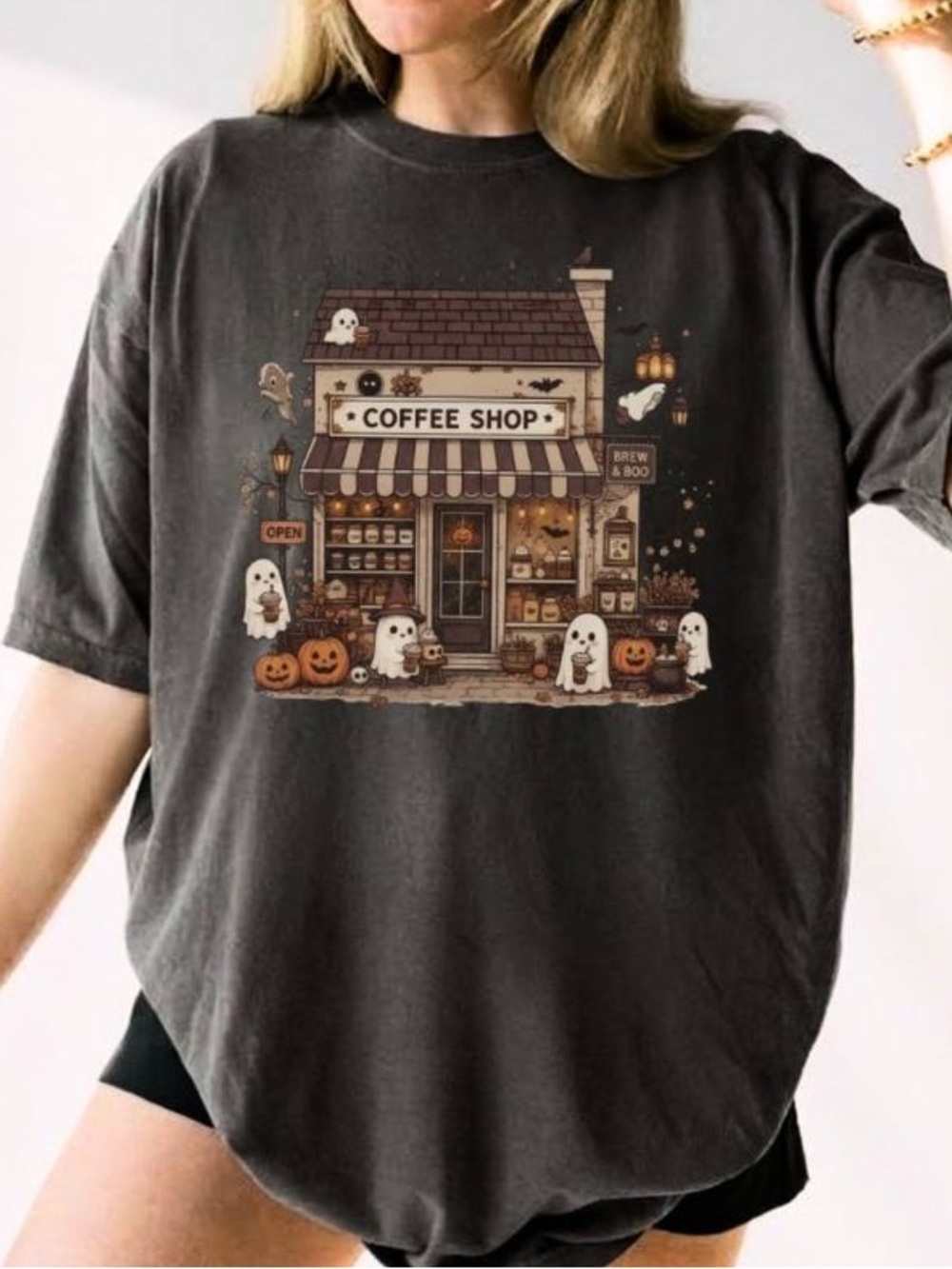 Gildan Charcoal Halloween Coffee Shop Graphic Tee - Cozy Autumn Cafe Artwork